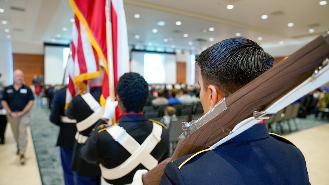 Image of UIW Army ROTC color guard processing in